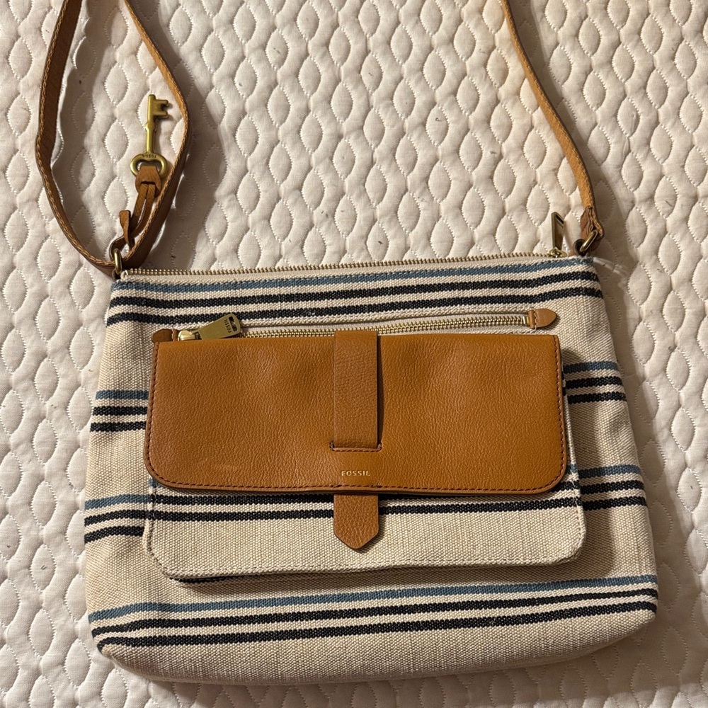 Fossil Brown and Cream Striped Crossbody Bag